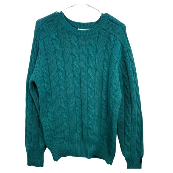 Vintage 100% Pure New Wool Cableknit Fisherman Sweater Turquoise Size L - Picture 1 of 3